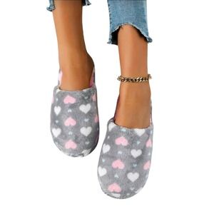 Womens Fuzzy Slippers Gray Pink White Hearts Cozy House Shoes Indoor‎ Outdoor